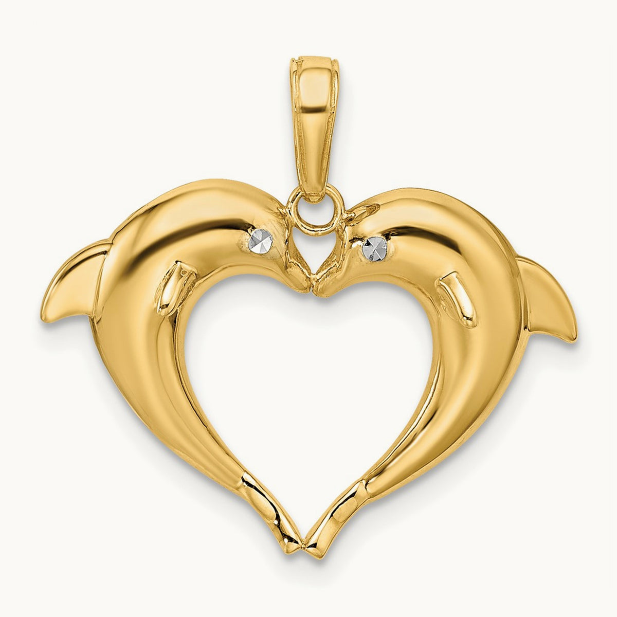 w/Rhodium Double Dolphin Heart Pendant, 14K