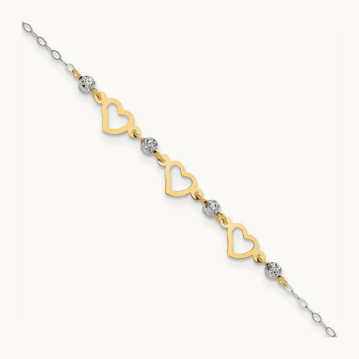 Oval Link Diamond-cut Beads and Heart 9in Plus 1in Ext Anklet, 14K Two-tone