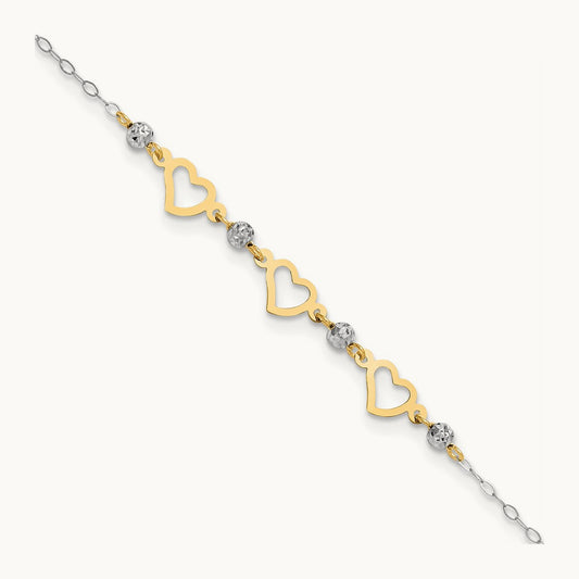 Oval Link Diamond-cut Beads and Heart 9in Plus 1in Ext Anklet, 14K Two-tone
