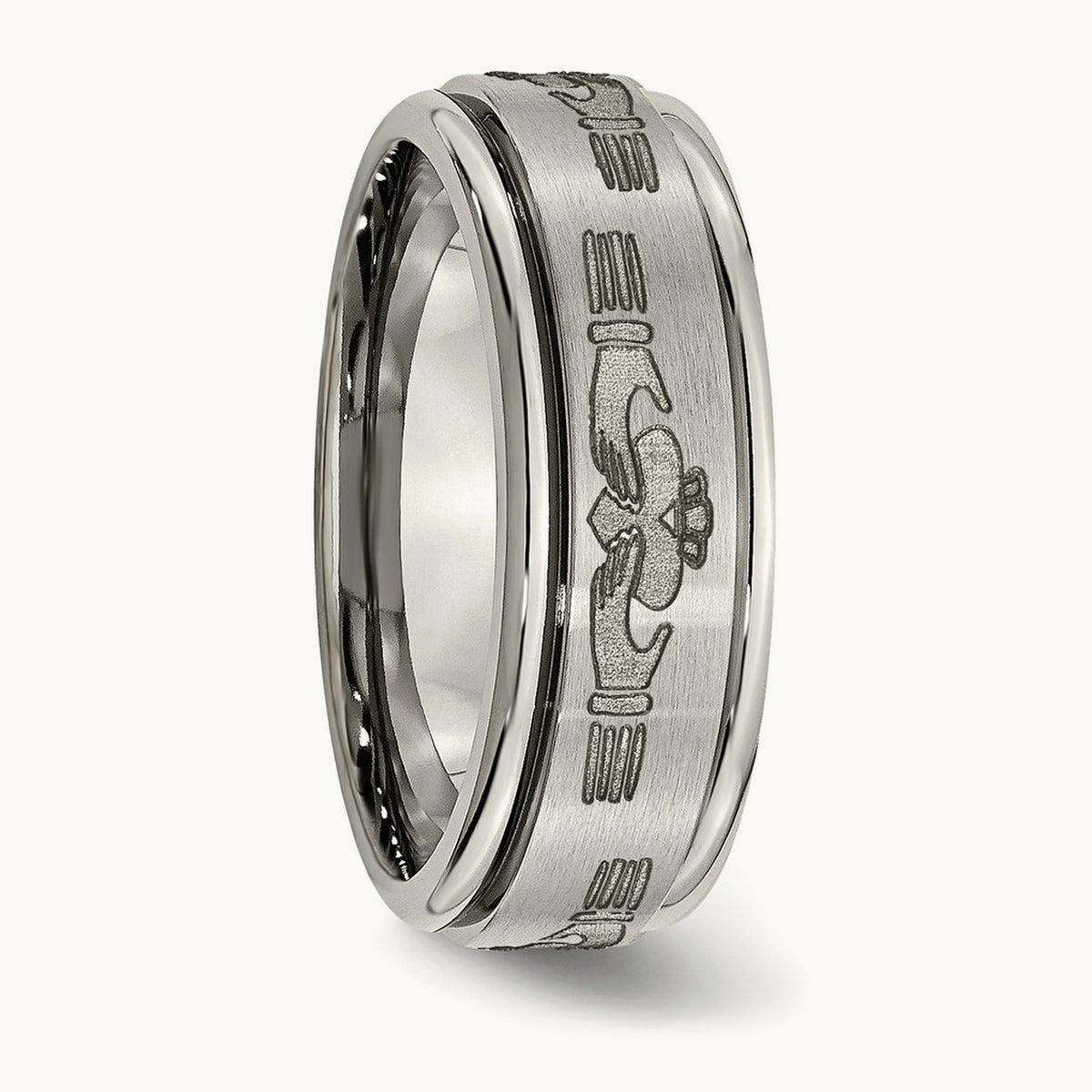 Brushed/Polished Claddagh Laser Design Ridged Edge Band, 8mm, Titanium