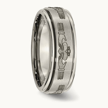 Brushed/Polished Claddagh Laser Design Ridged Edge Band, 8mm, Titanium