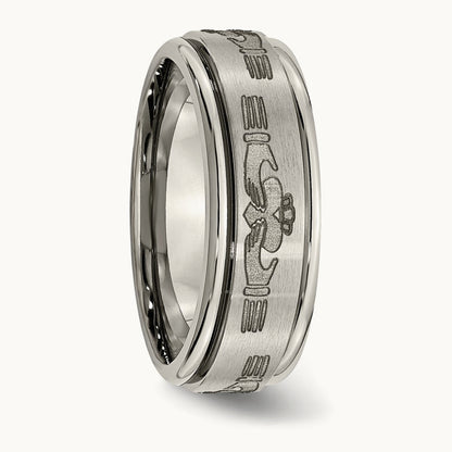 Brushed/Polished Claddagh Laser Design Ridged Edge Band, 8mm, Titanium