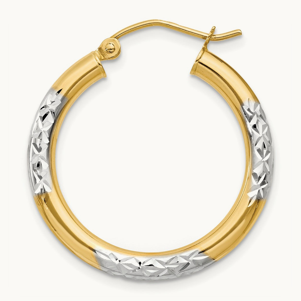 Single 14K and Rhodium Diamond-cut 3x25mm Hoop Earring