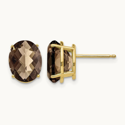 10x8 Oval Checker-Cut Smoky Quartz Earrings, 14K