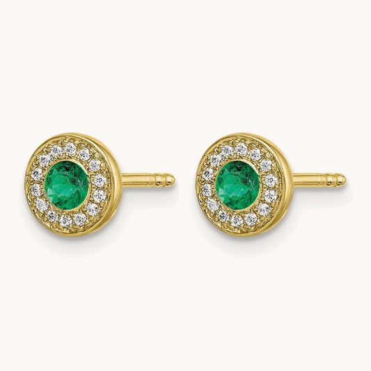 Diamond and Emerald Halo Post Earrings, 14K Gold