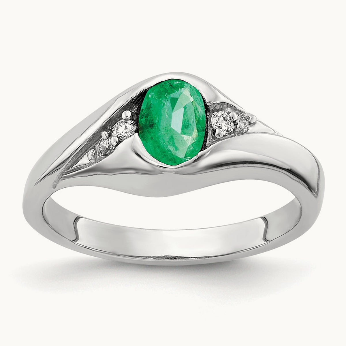6x4mm Oval Emerald AA Diamond ring, 14K White Gold