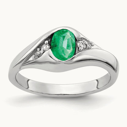 6x4mm Oval Emerald AA Diamond ring, 14K White Gold