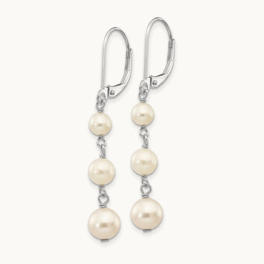 4- Semi Round White Freshwater Cultured Pearl Dangle Earrings, 6mm, 14K White Gold
