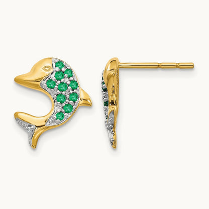 Emerald and Diamond Dolphin Post Earrings, 14K with Rhodium
