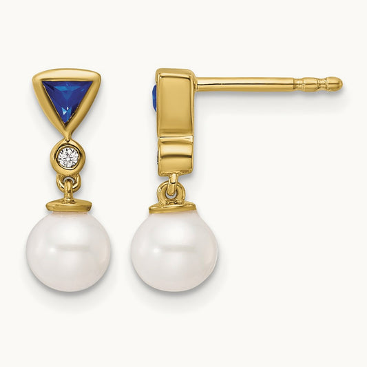 Polished Diamond and Sapphire Pearl Dangle Post Earrings, 14K