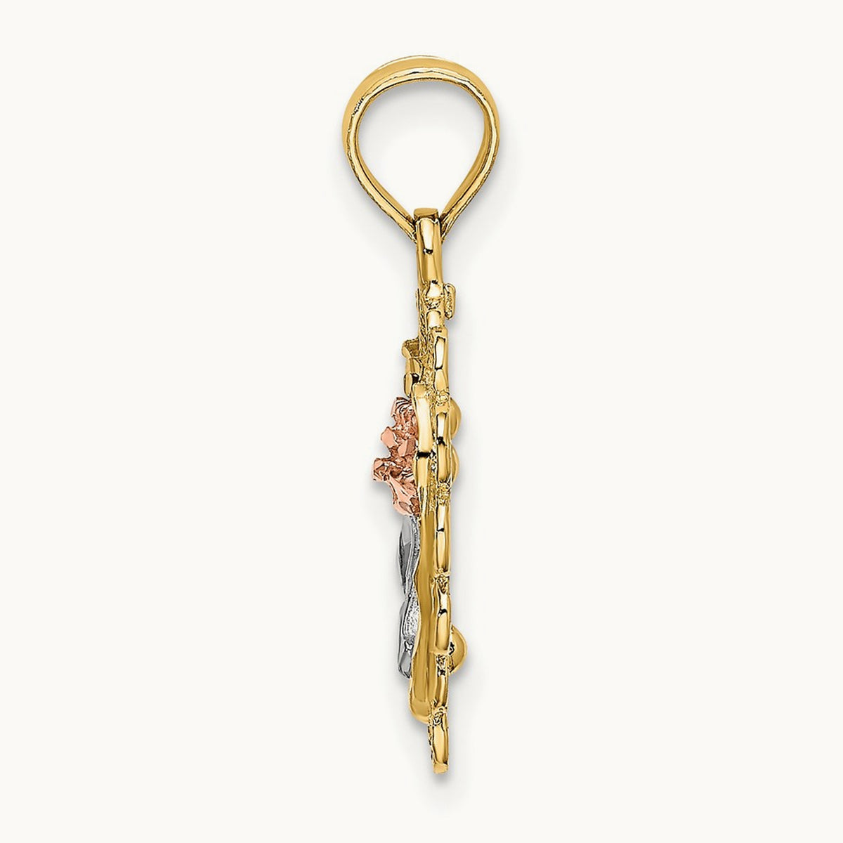 Rhodium Heart w/ Rose and Lace Trim Charm, 14K Two-tone White