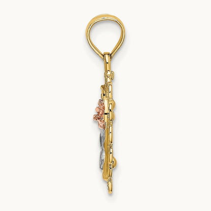 Rhodium Heart w/ Rose and Lace Trim Charm, 14K Two-tone White