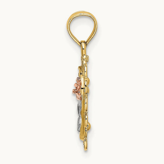 Rhodium Heart w/ Rose and Lace Trim Charm, 14K Two-tone White