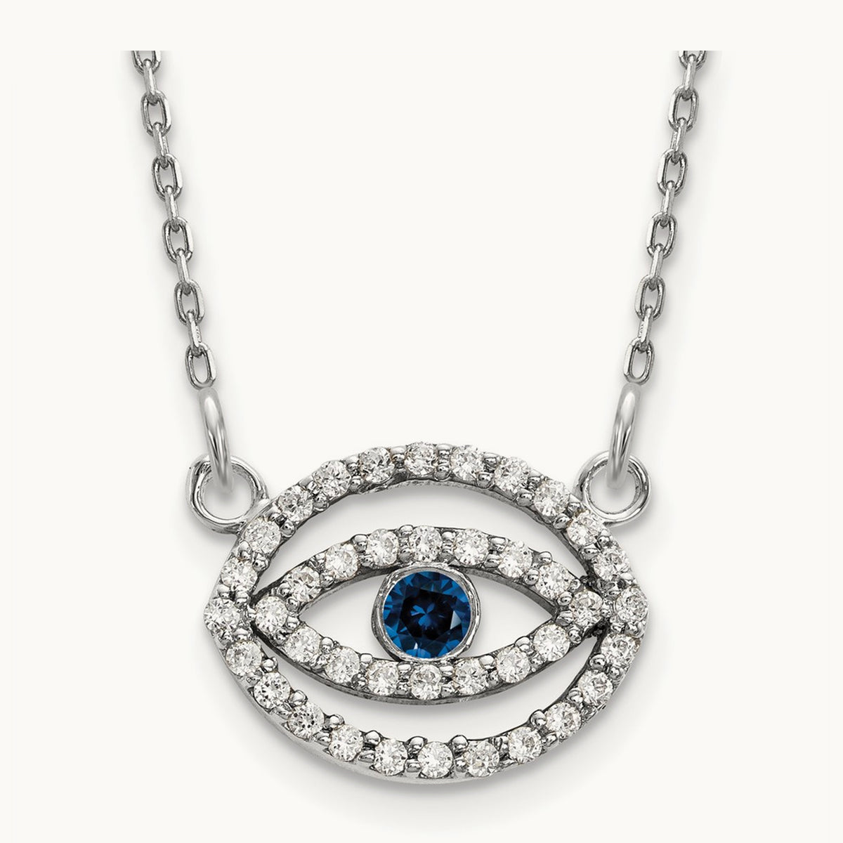 Small Necklace Diamond and Sapphire Gold Halo Evil Eye, 14K White Gold