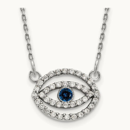 Small Necklace Diamond and Sapphire Gold Halo Evil Eye, 14K White Gold