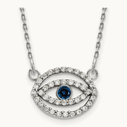 Small Necklace Diamond and Sapphire Gold Halo Evil Eye, 14K White Gold