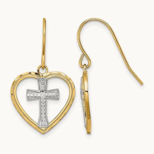 w/Rhodium Cross In Center Heart Earrings, 14K