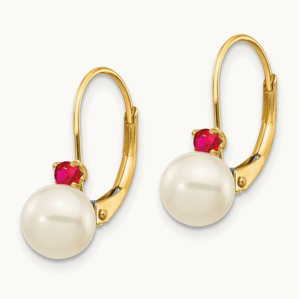 6- White Round FW Cultured Pearl Ruby Leverback Earrings, 6.5mm, 14K