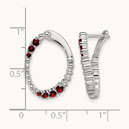 Garnet Oval Hoop Earrings, 14K White Gold