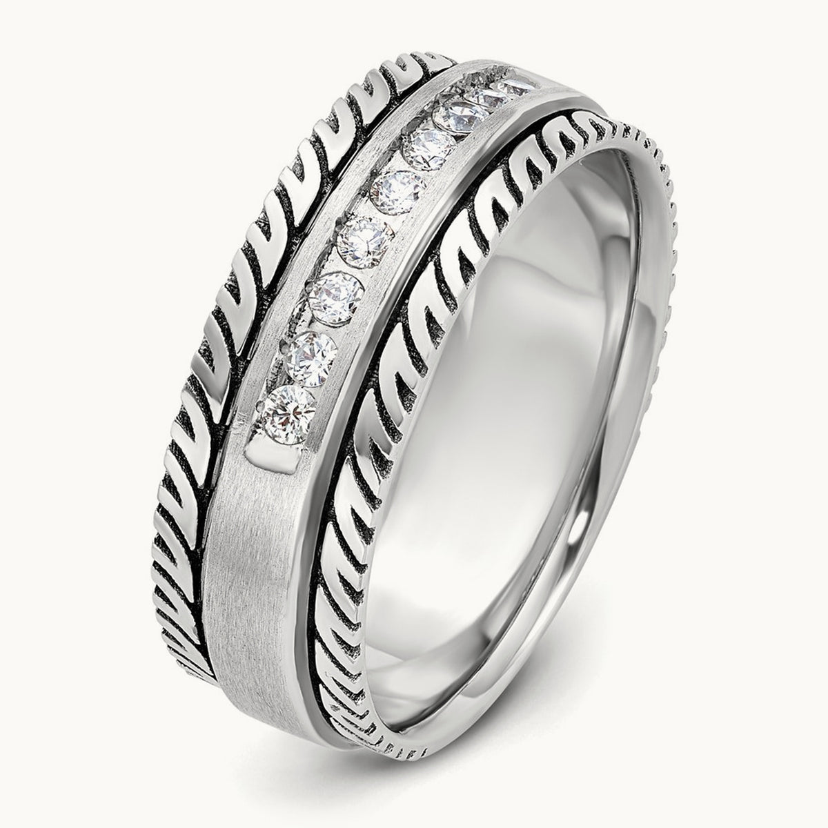 w/ Black RH IBGoodman Men's Polished Satin Grooved Diamond Ring, 14K White Gold
