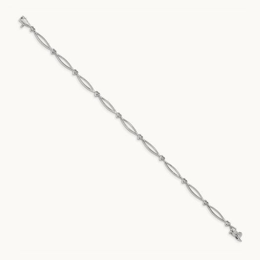 Diamond 7.25in Heart and Oval Link Bracelet, 14K White Gold