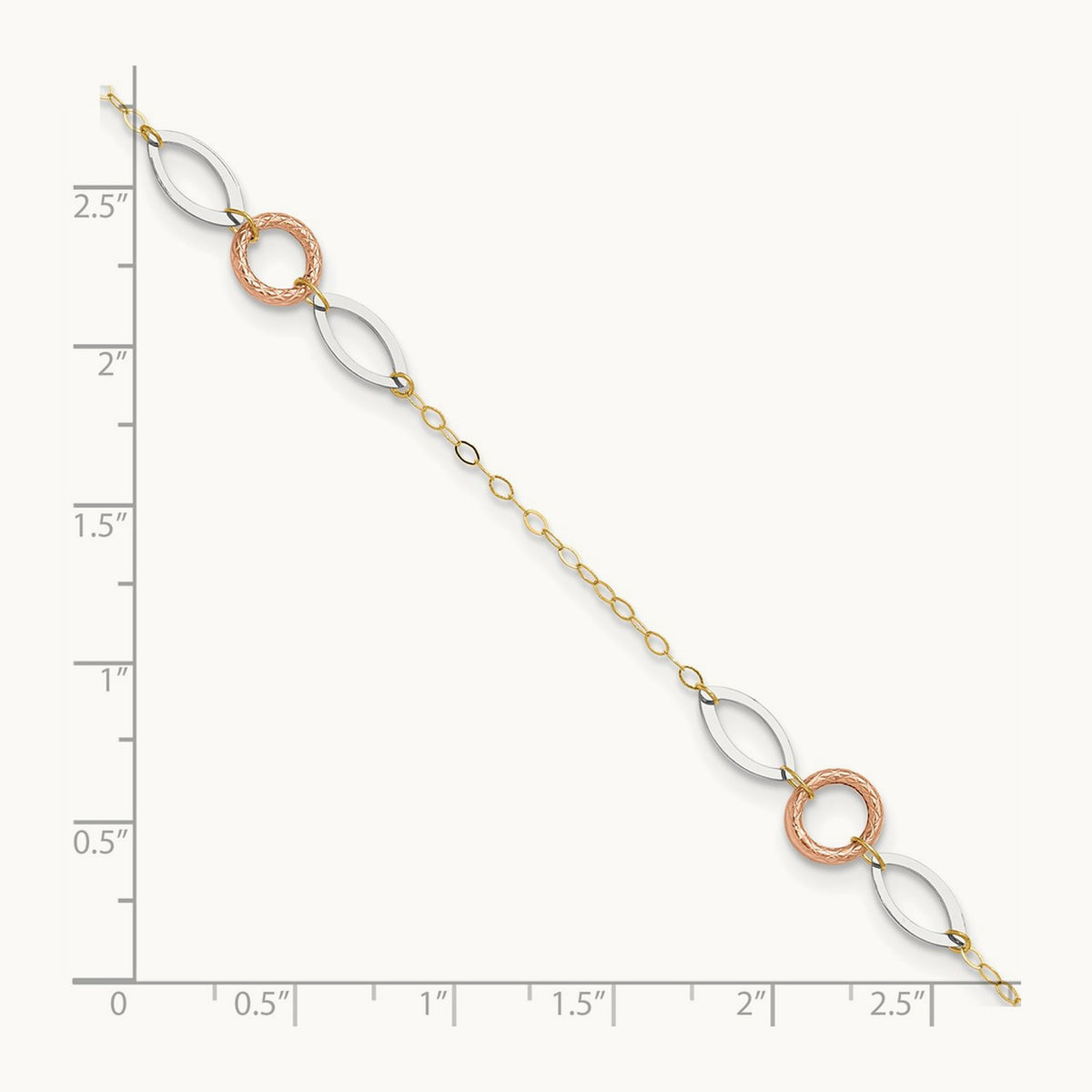 Tri-color Circle and Oval 9in Plus 1in ext. Anklet, 14K