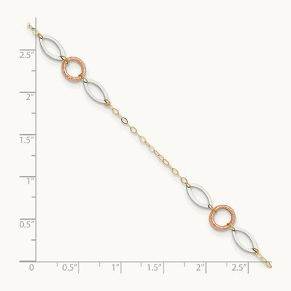Tri-color Circle and Oval 9in Plus 1in ext. Anklet, 14K