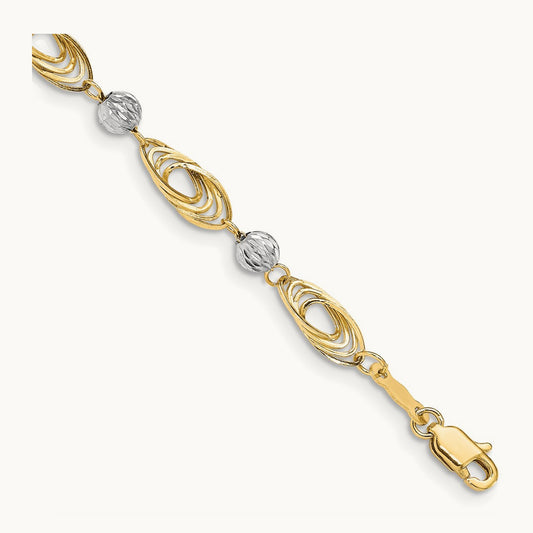 Two-tone Oval Links with Diamond Cut Beads Bracelet, 14K Gold