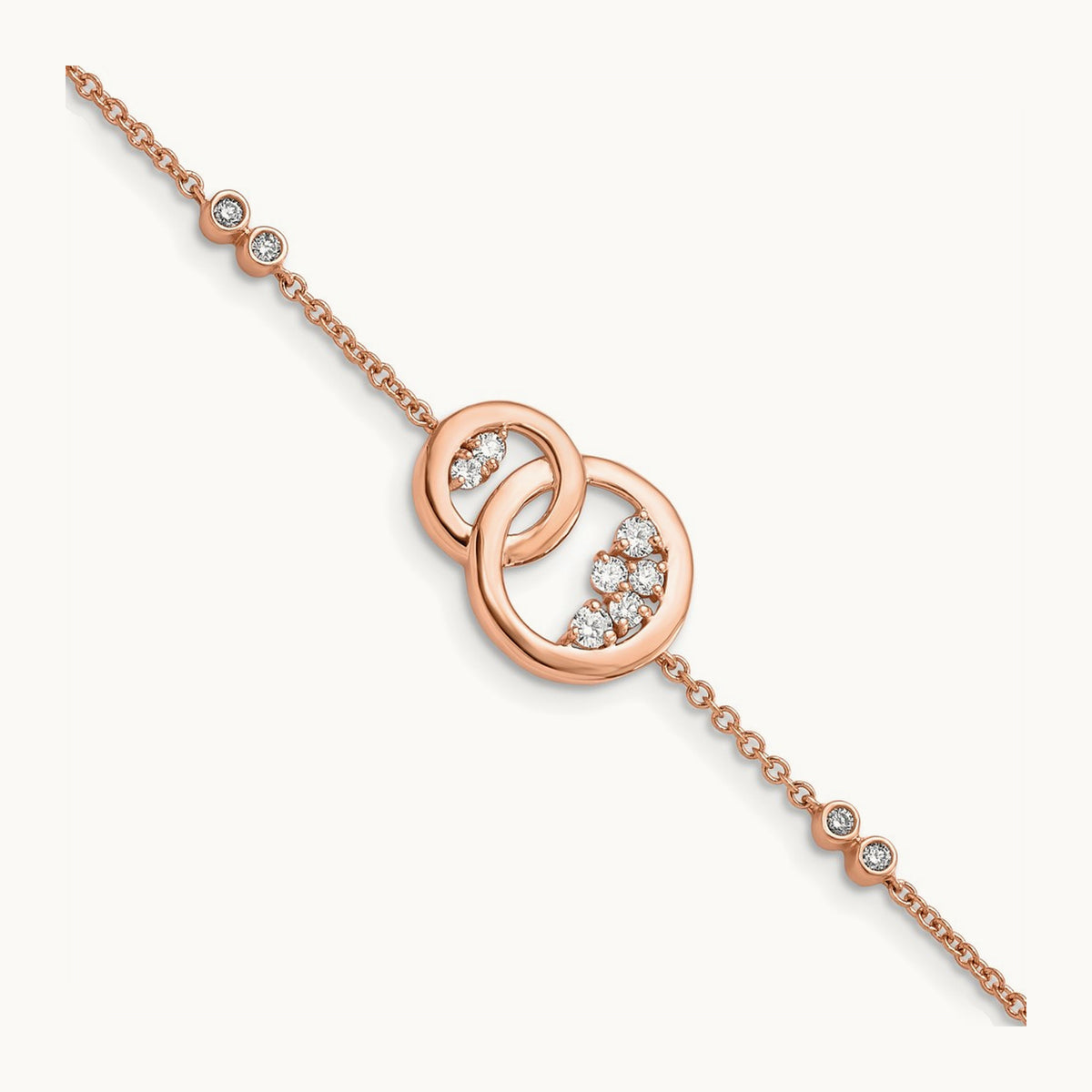 Diamond Double Circle w/Star Dangle 7in Bracelet, 14K Rose Gold