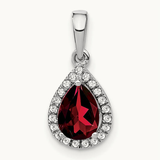 Pear Garnet and Diamond Halo Pendant, 14K White Gold