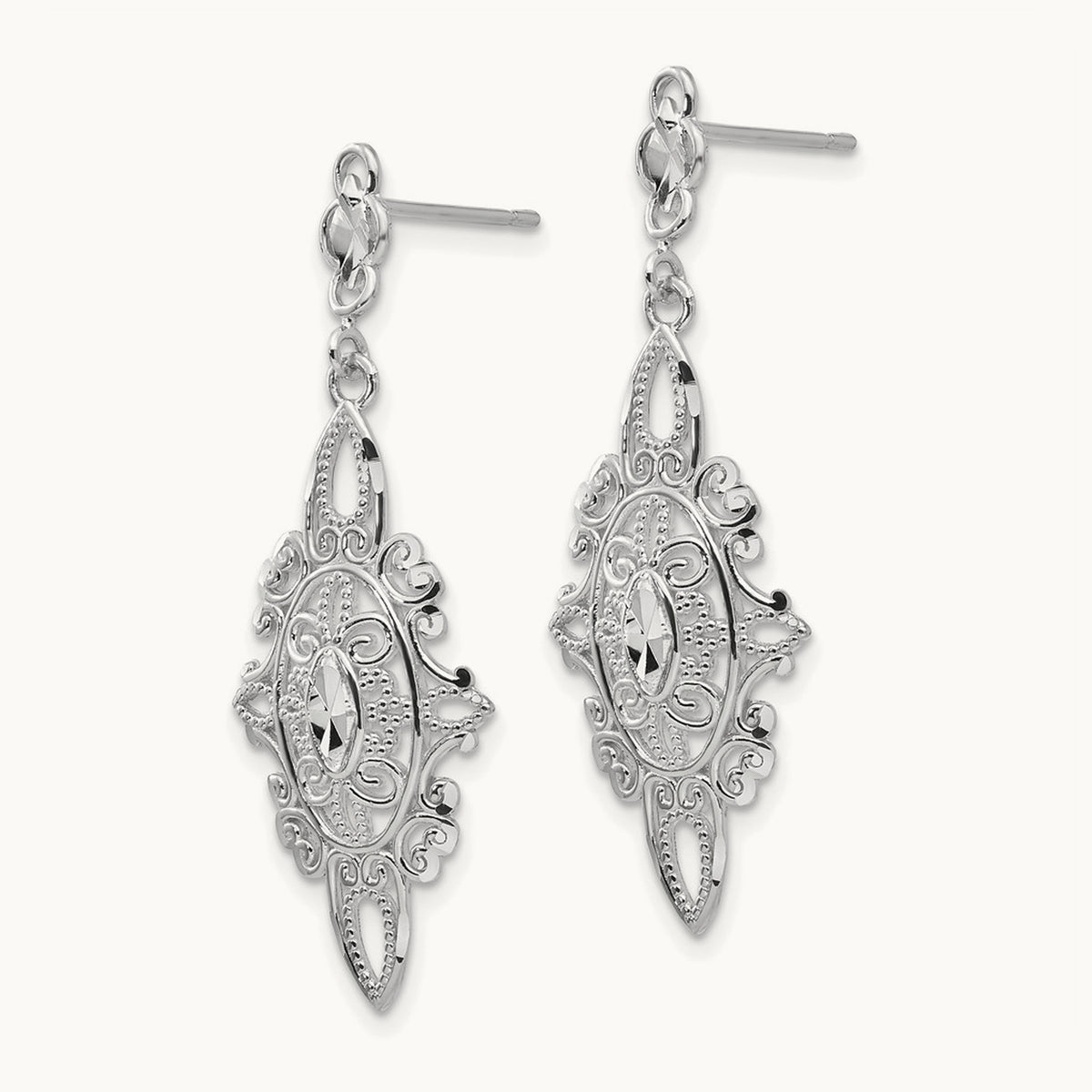 Diamond-cut Filigree Dangle Earrings — 14K White Gold