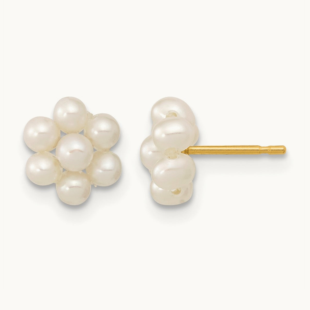 2- White Button Freshwater Cultured Pearl Flower Earrings, 3mm, 14K