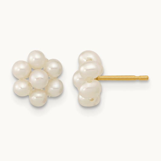 2- White Button Freshwater Cultured Pearl Flower Earrings, 3mm, 14K