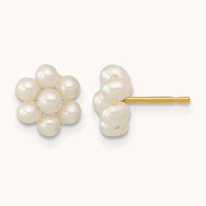 2- White Button Freshwater Cultured Pearl Flower Earrings, 3mm, 14K