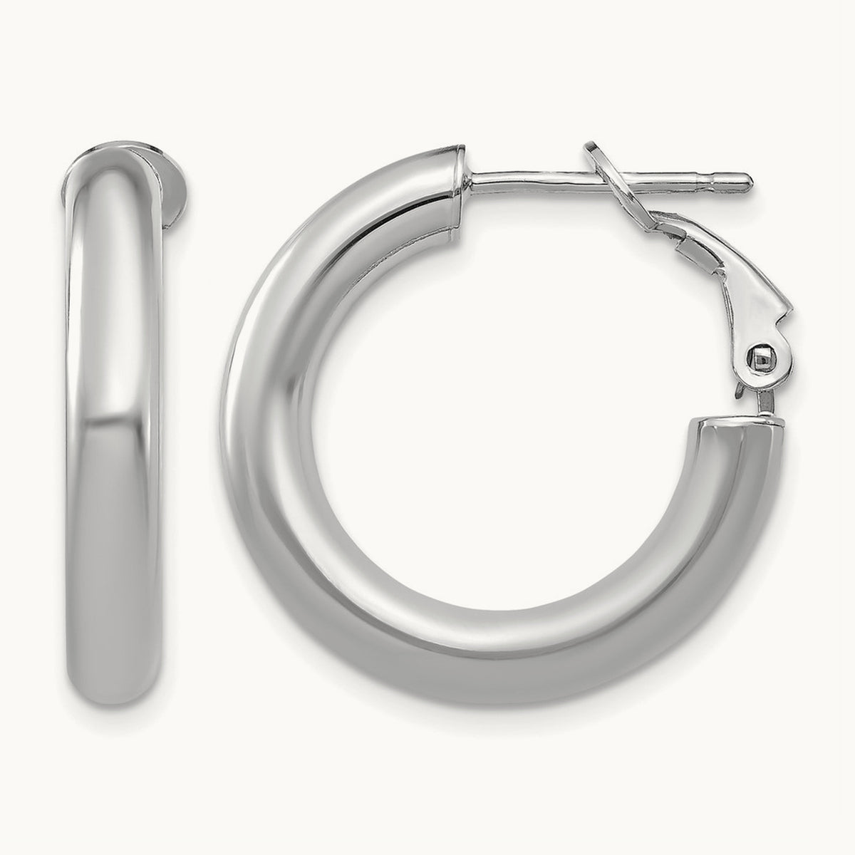 Polished Round Omega Back Hoop Earrings — 14K White Gold, 4x23mm