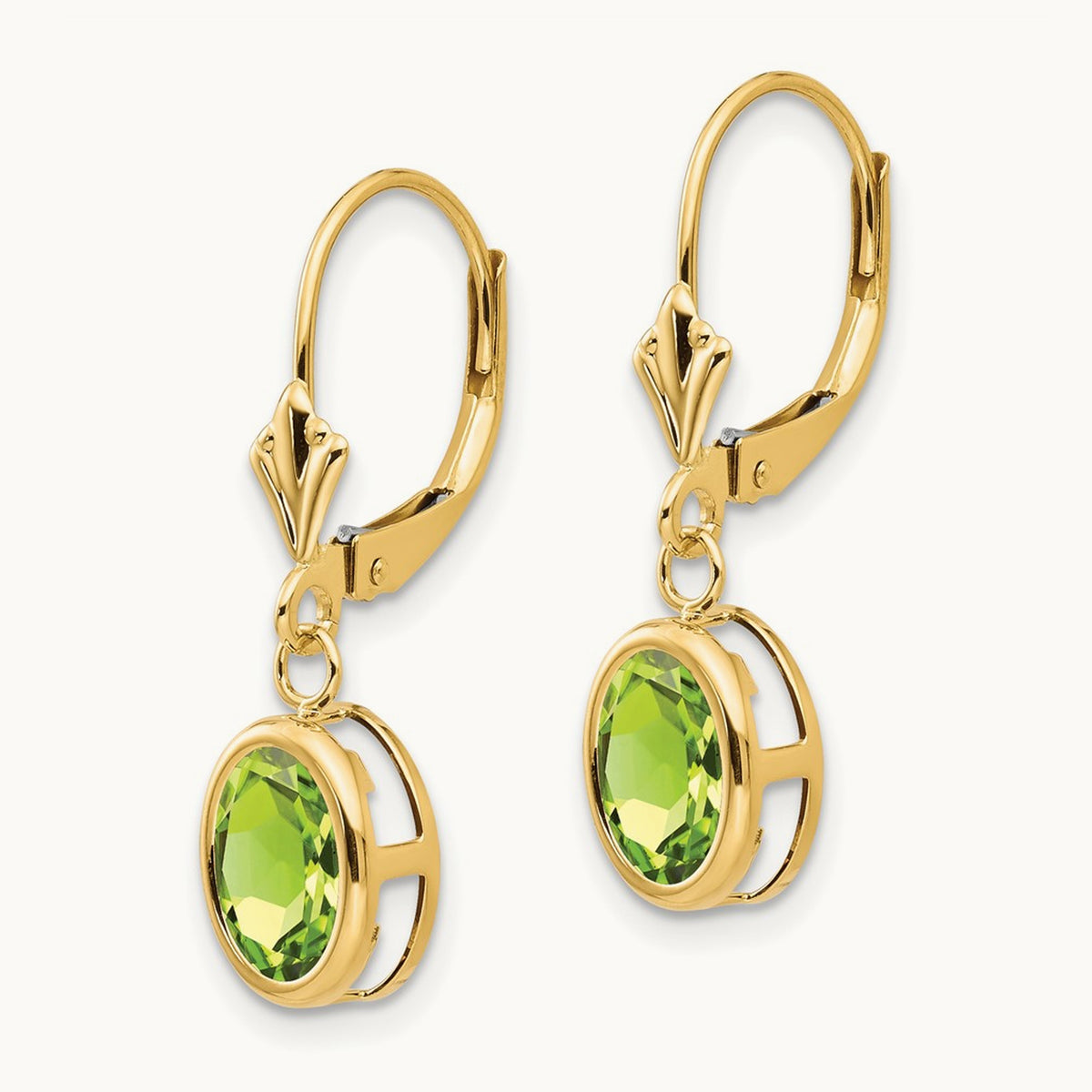 Oval Peridot Leverback Earrings — 14K Yellow Gold, 27mm, 8x6mm