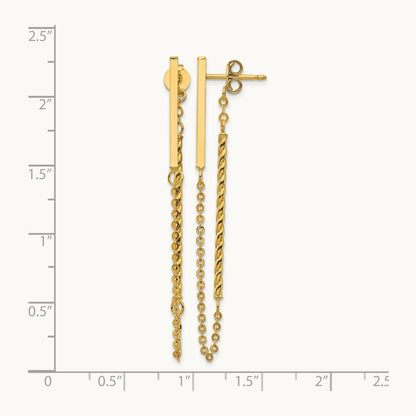 Polished and Twisted Bar w/Chain Post Earrings, 14K