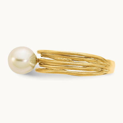 7- Round White Freshwater Cultured Pearl Brushed Ring, 8mm, 14K