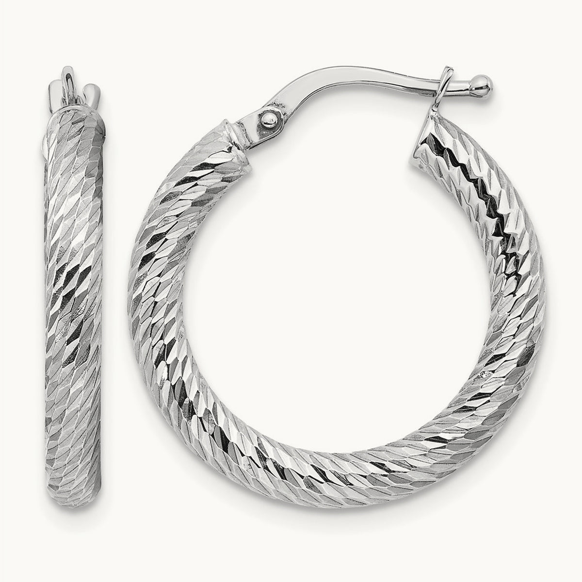 Polished Diamond-cut Round Hoop Earrings — 14K White Gold