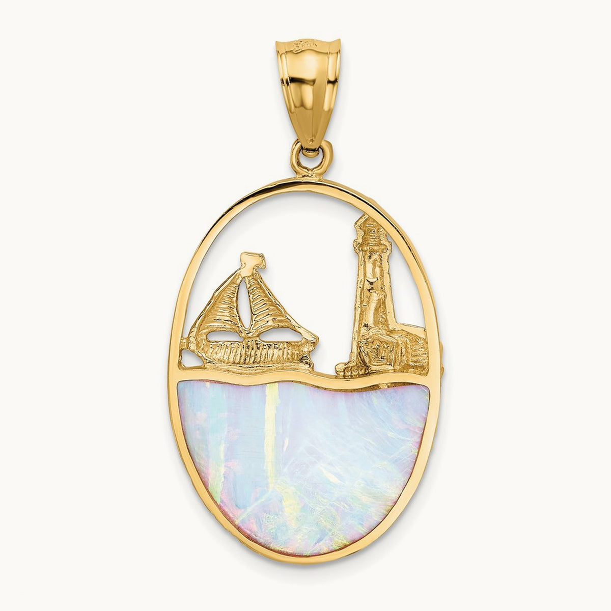 Lab Created Opal Lighthouse Sailboat Pendant, 14K