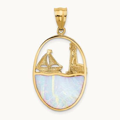 Lab Created Opal Lighthouse Sailboat Pendant, 14K