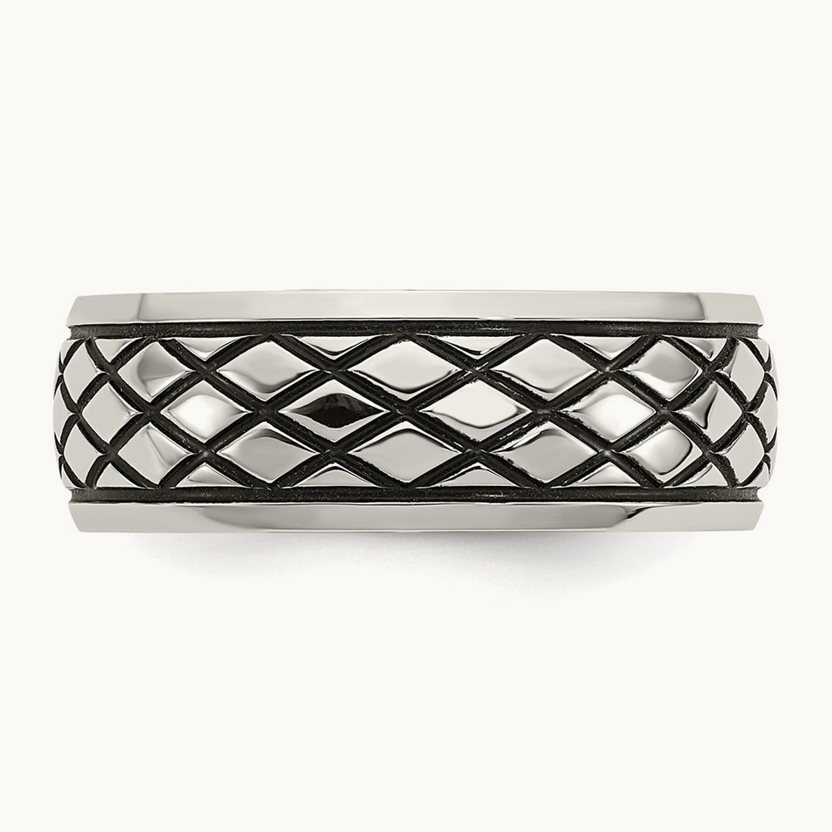 Polished and Antiqued Checkered Pattern Band, 8mm, Stainless Steel