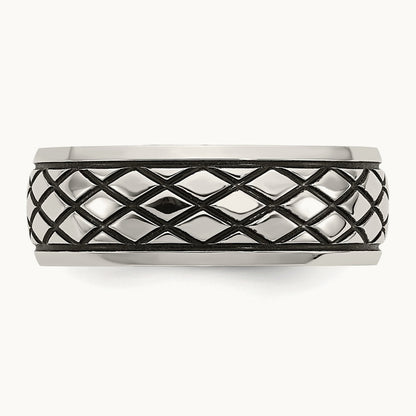 Polished and Antiqued Checkered Pattern Band, 8mm, Stainless Steel