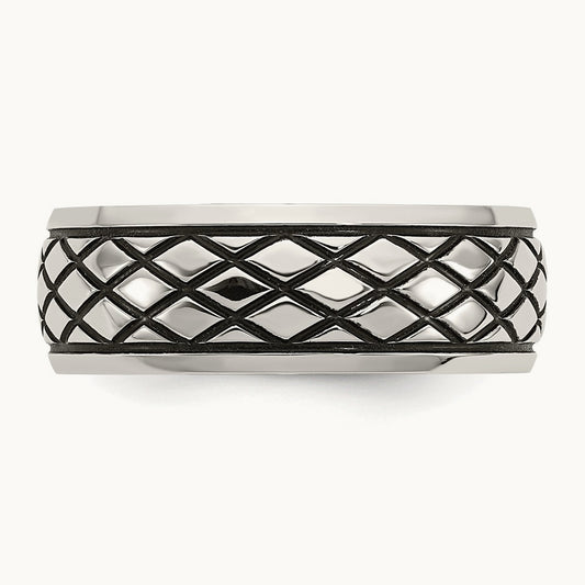 Polished and Antiqued Checkered Pattern Band, 8mm, Stainless Steel