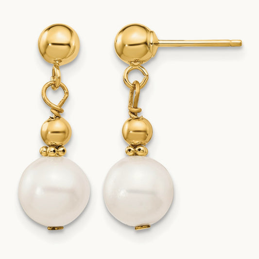 7- Semi-round Freshwater Cultured Pearl Post Dangle Earrings — 14K Yellow Gold