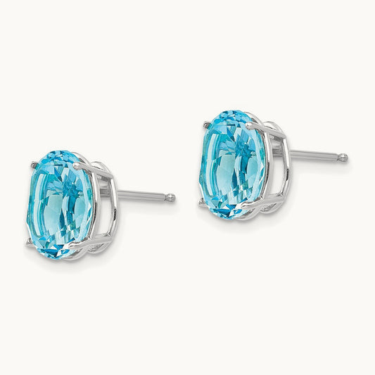 Blue Topaz Oval Stud Earrings, 14K White Gold