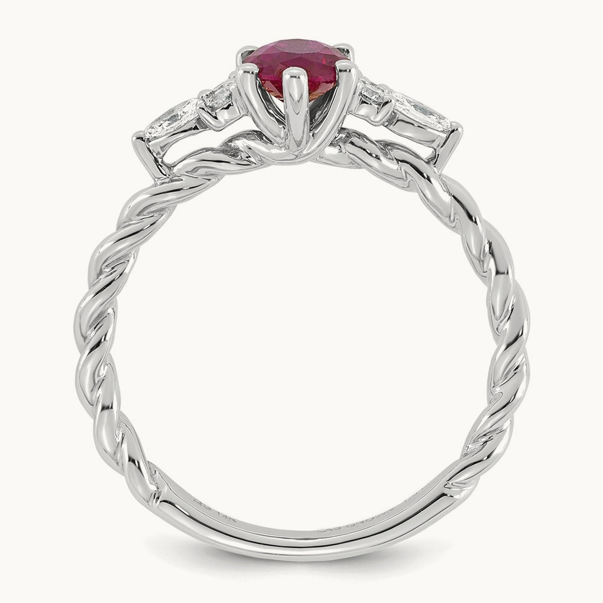Polished Diamond and Lab Created Ruby Twisted Ring — 14K White Gold