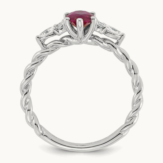 Polished Diamond and Lab Created Ruby Twisted Ring — 14K White Gold