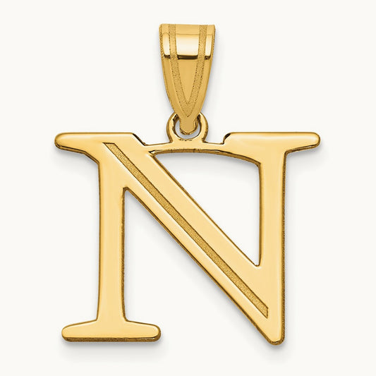 Polished Etched Letter N Initial Pendant, 14K
