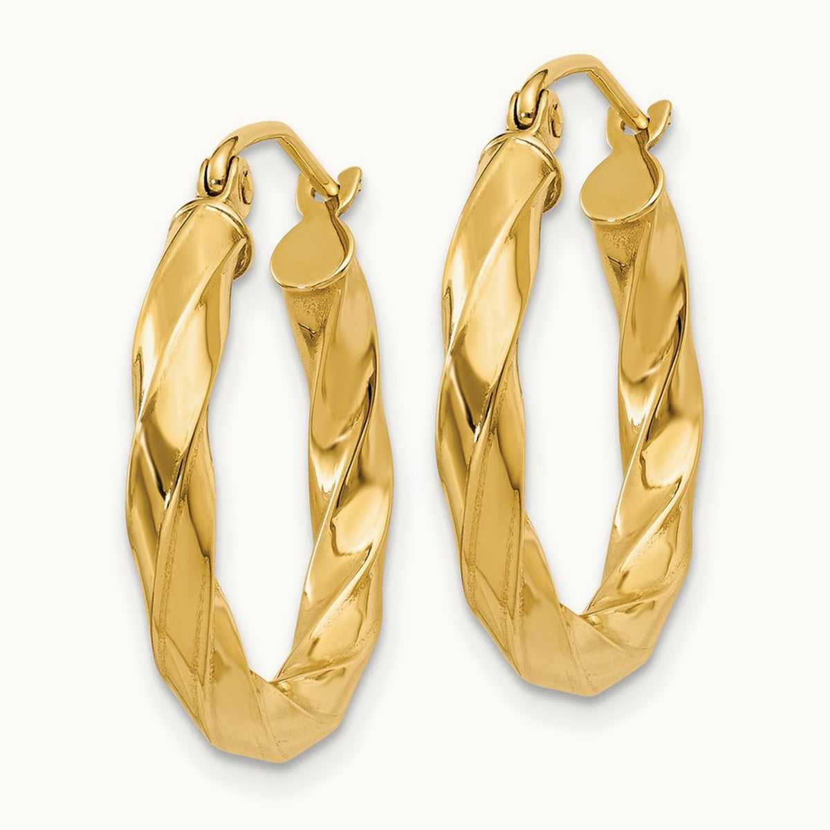 Square Tube Twisted Hoop Earrings — 14K Yellow Gold, 20mm, 3mm